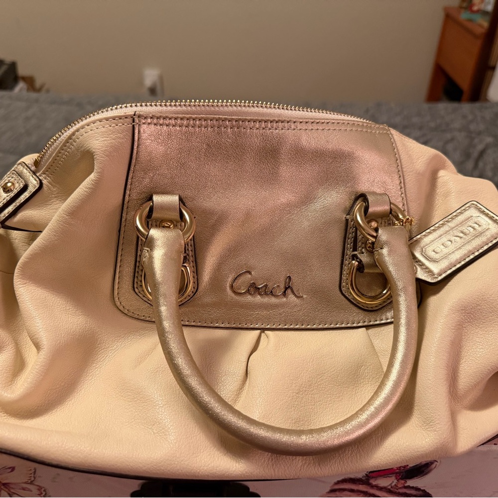 Coach Cream Leather Satchel with Gold Accents